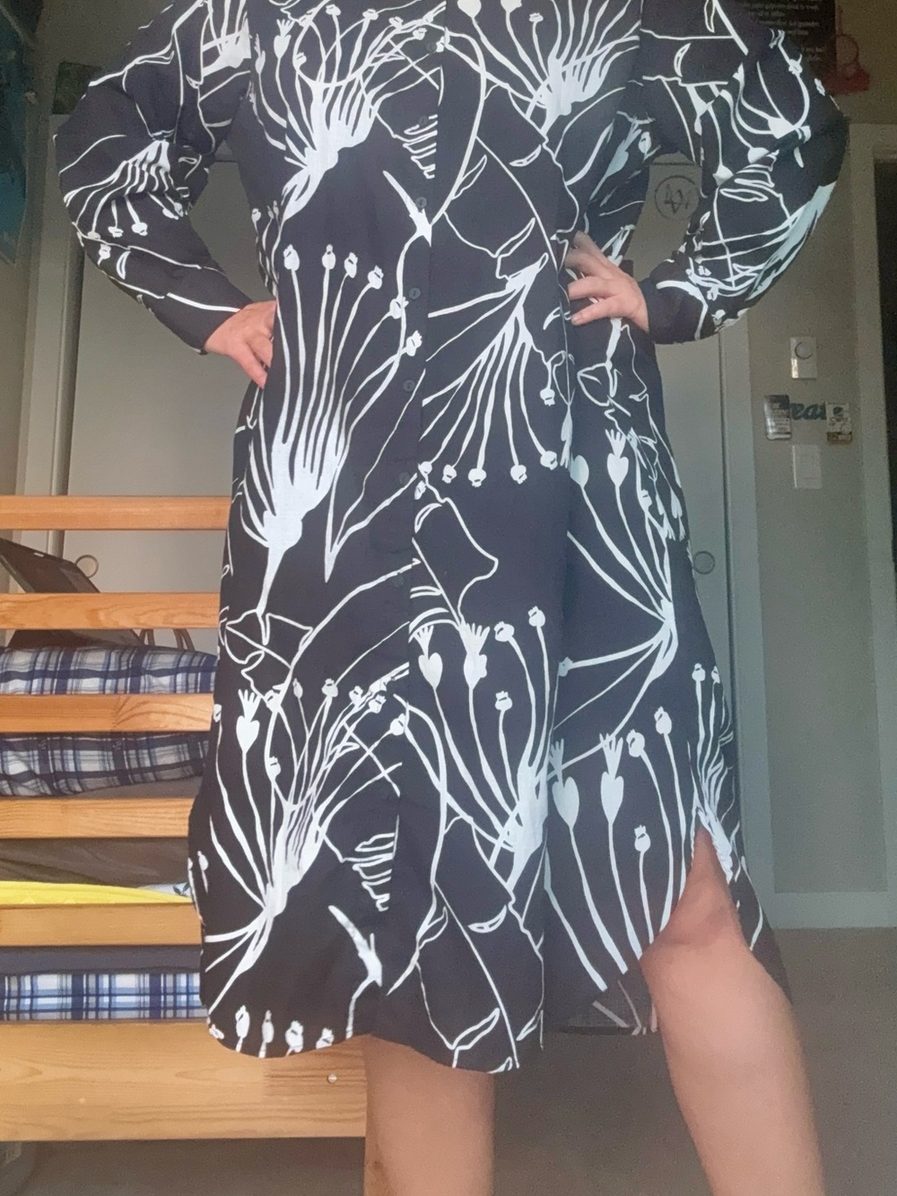 LC Waikiki Classic Black White Cotton Floral Shirt Dress Size 46